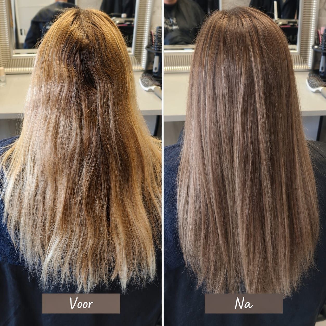 Voor en na: links zomerblond haar, rechts dezelfde klant met een warme bruine herfstkleur
