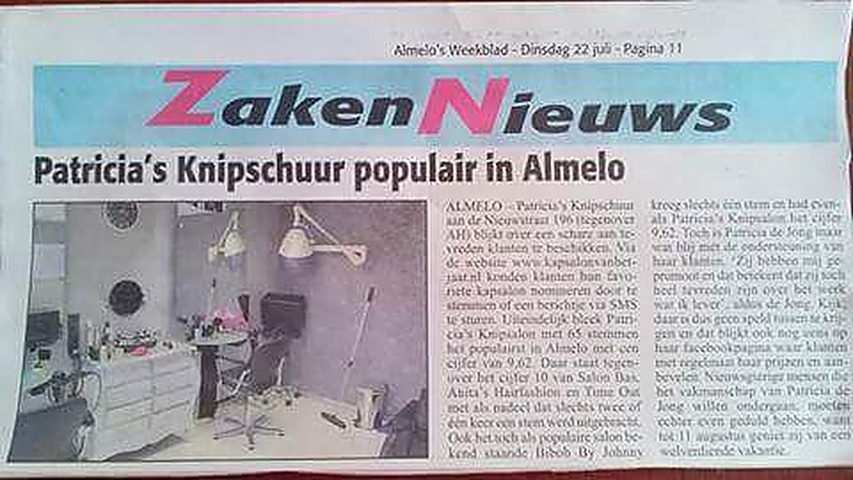 Knipsel uit Almelo's Weekblad, rubriek Zaken Nieuws: Patricia's Knipschuur populair in Almelo